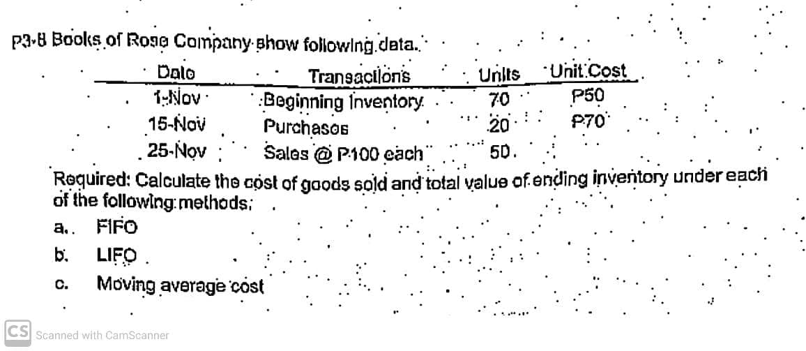 P3-8 Books of Rose Company-show followlng.deta.
Dalo
1:Nov -
15-Nov
25-Nov
Transacilonis
Beginning Inventory.
Purchasos
Sales @ P100 each"
Unlts Unit Cost
P50
P70
70
20
50.
Roquired: Calculate the cost of goods sold and total value of.ending inventory under each
of the following: methods:
FIFO
а..
b. LIFO
Moving average 'cost
C.
CS Scanned with CamScanner
