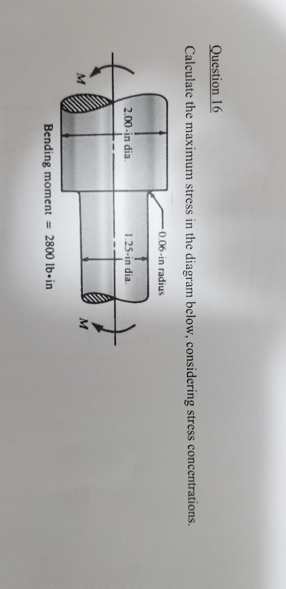 Question 16
Calculate the maximum stress in the diagram below, considering stress concentrations.
0.06-in radius
2.00-in dia.
1.25-in dia.
Bending moment 2800 lb•in
