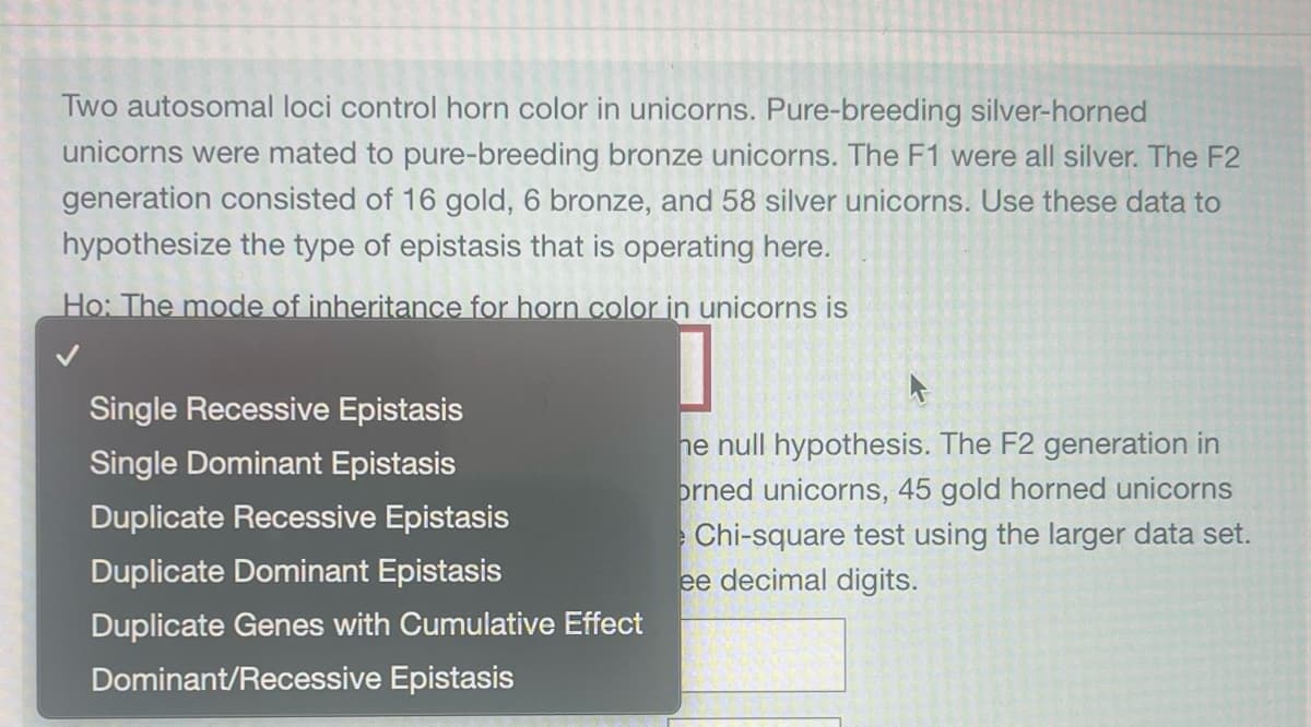 Two autosomal loci control horn color in unicorns. Pure-breeding silver-horned
unicorns were mated to pure-breeding bronze unicorns. The F1 were all silver. The F2
generation consisted of 16 gold, 6 bronze, and 58 silver unicorns. Use these data to
hypothesize the type of epistasis that is operating here.
Ho: The mode of inheritance for horn color in unicorns is
Single Recessive Epistasis
Single Dominant Epistasis
Duplicate Recessive Epistasis
Duplicate Dominant Epistasis
Duplicate Genes with Cumulative Effect
Dominant/Recessive Epistasis
he null hypothesis. The F2 generation in
orned unicorns, 45 gold horned unicorns
Chi-square test using the larger data set.
ee decimal digits.