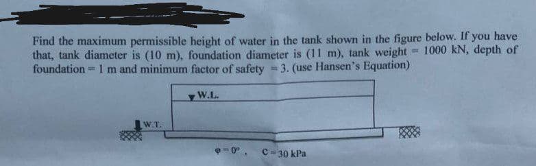 Find the maximum permissible height of water in the tank shown in the figure below. If you have
that, tank diameter is (10 m), foundation diameter is (11 m), tank weight = 1000 kN, depth of
foundation = 1 m and minimum factor of safety = 3. (use Hansen's Equation)
%3D
W.L.
W.T.
C= 30 kPa
