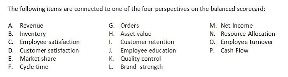 The following items are connected to one of the four perspectives on the balanced scorecard:
G. Orders
A. Revenue
B. Inventory
C. Employee satisfaction
M. Net Income
H. Asset value
N. Resource Allocation
O. Employee turnover
P. Cash Flow
I.
Customer retention
J. Employee education
K. Quality control
Brand strength
D.
Customer satisfaction
E.
Market share
F. Cycle time
L.
