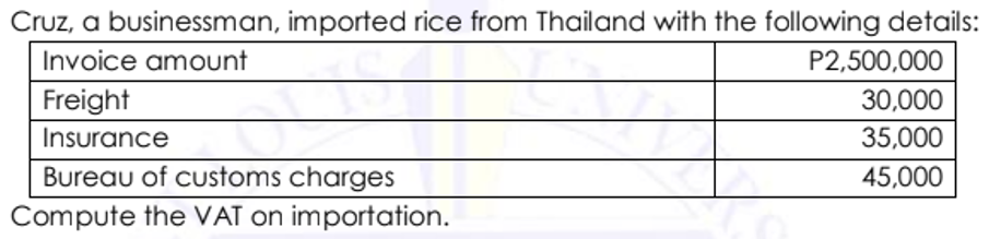 Cruz, a businessman, imported rice from Thailand with the following details:
Invoice amount
P2,500,000
Freight
30,000
Insurance
35,000
Bureau of customs charges
45,000
Compute the VAT on importation.
