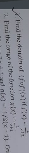 X. Find the domain of (fof)(x) if f(x)=x+2
1
2. Find the range of the function g(x) =
and g(x)
x+1
1/2(x-1). Gra