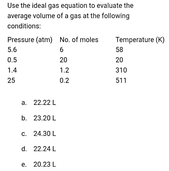 Use the ideal gas equation to evaluate the
average volume of a gas at the following
conditions:
Pressure (atm)
5.6
0.5
1.4
25
a. 22.22 L
b. 23.20 L
C.
c. 24.30 L
d. 22.24 L
e.
20.23 L
No. of moles
6
20
1.2
0.2
Temperature (K)
58
20
310
511