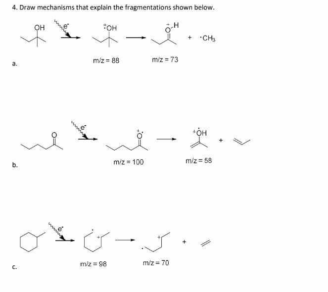 4. Draw mechanisms that explain the fragmentations shown below.
OH
+OH
a.
m/z = 88
m/z = 73
+
⚫CH3
+OH
b.
m/z = 100
m/z = 58
wwwwww
من
m/z = 98
m/z = 70
C.