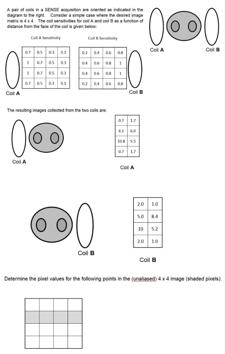 A pair of coils in a SENSE acquisition are oriented as indicated in the
diagram to the right. Consider a simple case where the desired image
matrix is 4 x 4. The coil sensitivities for coil A and coil B as a function of
distance from the face of the coil is given below:
Coil A Sensitivity
Coil B Sensitivity
000
Coil B
Coil A
Coil A
0.7
0.5
0.3 0.1
0.2 0.4 0.6
0.8
1
0.7
0.5 0.3
0.4
0.6
0.8
1
1 0.7
0.5 0.3
0.4
0.6 0.8
1
0.7 0.5
0.3
0.1
0.2
0.4
0.6
0.8
Coil B
The resulting images collected from the two coils are:
Coil A
0.7
1.7
4.1 6.0
10.8 5.5
0.7 1.7
Coil A
0
Coil B
2.0 1.0
5.0 8.4
10
10
5.2
2.0
1.0
Coil B
Determine the pixel values for the following points in the (unaliased) 4 x 4 image (shaded pixels):