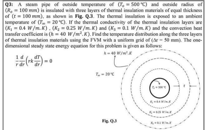 Q3: A steam pipe of outside temperature of (T = 500 °C) and outside radius of
(R. 100 mm) is insulated with three layers of thermal insulation materials of equal thickness
of (t 100 mm), as shown in Fig. Q.3. The thermal insulation is exposed to an ambient
temperature of (T = 20 °C). If the thermal conductivity of the thermal insulation layers are
(K₁ = 0.4 W/m. K), (K₂ = 0.25 W/m. K) and (K3 = 0.1 W/m. K) and the convection heat
transfer coefficient is (h = 40 W/m2.K). Find the temperature distribution along the three layers
of thermal insulation materials using the FVM with a uniform grid of (Ar = 50 mm). The one-
dimensional steady state energy equation for this problem is given as follows:
1 d
r dr
(rk:
dT
= 0
h-40 W/m².K
T-20°C
7,500 C
Fig. Q.3
K₁ =0.4 W/m.K
K₁ = 0.25 W/m.K
K₁ 0.1 W/m.K