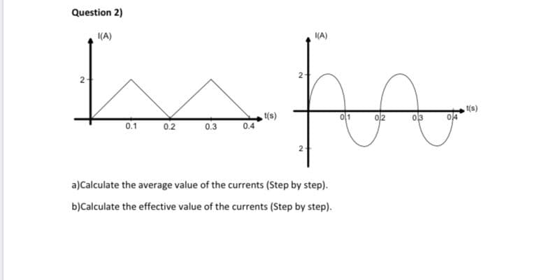 Question 2)
(A)
NA)
2
(s)
0.4
01
02
0.1
0.2
0.3
a)Calculate the average value of the currents (Step by step).
b)Calculate the effective value of the currents (Step by step).
