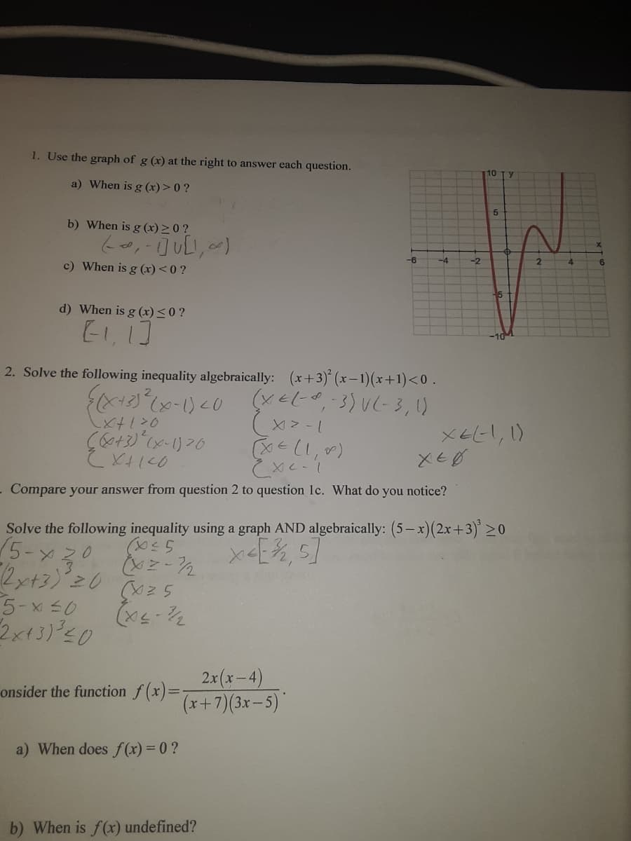 1. Use the graph of g (x) at the right to answer each question.
10 TY
a) When is g (x)> 0 ?
b) When is g (x)> 0 ?
-6
-4
-2
c) When is g (x)< 0 ?
15
d) When is g (x)<0?
2. Solve the following inequality algebraically: (x+3) (x-1)(x+1)<0 .
と1,か)
×とと,)
Compare your answer from question 2 to question 1c. What do you notice?
Solve the following inequality using a graph AND algebraically: (5-x)(2x+3) >0
15-x 20
2x+3)20 (z5
5-x 20
2x(x-4)
(x+7)(3x– 5)
onsider the function f (x)=-
a) When does f (x) = 0 ?
b) When is f(x) undefined?
