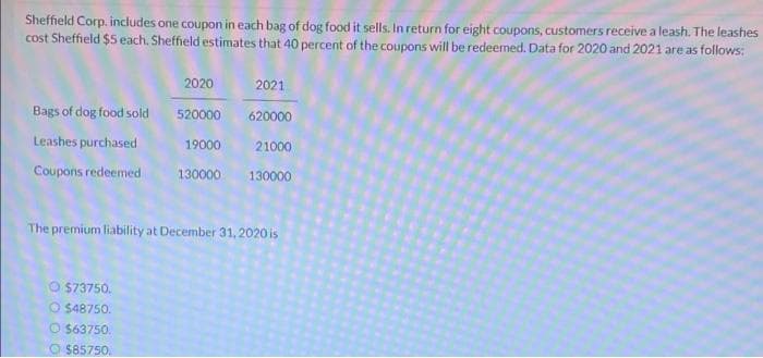 Sheffield Corp. includes one coupon in each bag of dog food it sells. In return for eight coupons, customers receive a leash. The leashes
cost Sheffield $5 each. Sheffield estimates that 40 percent of the coupons will be redeemed. Data for 2020 and 2021 are as follows:
2020
2021
Bags of dog food sold
520000
620000
Leashes purchased
19000
21000
Coupons redeemed
130000
130000
The premium liability at December 31, 2020 is
O S73750.
O $48750.
O $63750.
O $85750.
