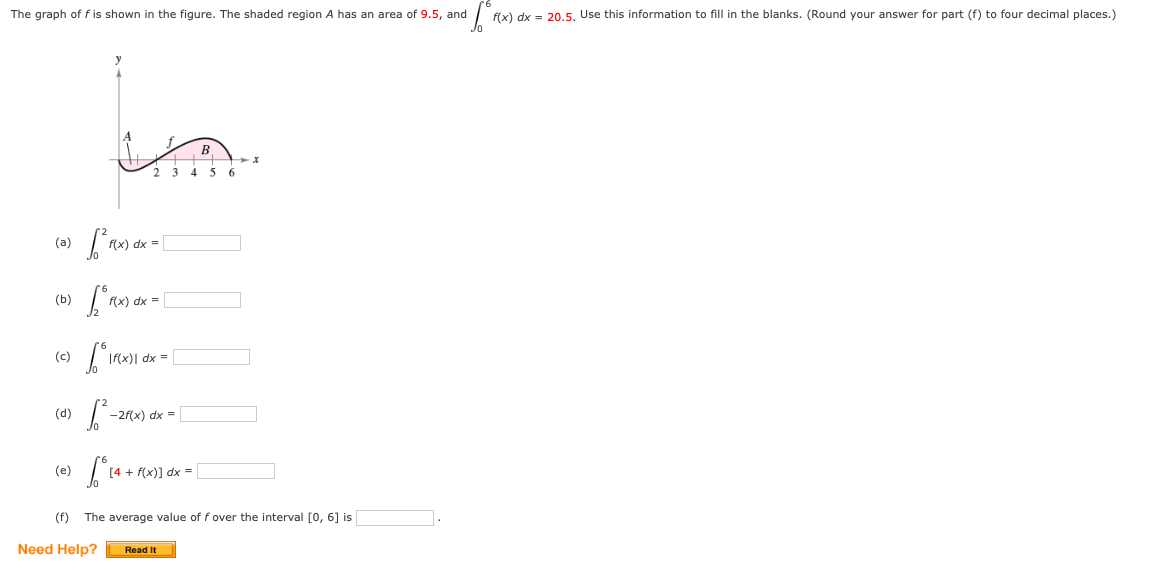 The graph of f is shown in the figure. The shaded region A has an area of 9.5, and
fix) dx = 20,5, Use this information to fill in the blanks. (Round your answer for part (f) to four decimal places.)
B
2 3 4 5 6
(a)
(b)
(c)
If(x)| dx =
(d)
-2f(x) dx =
(e)
f(x)] dx =
(f)
The average value of f over the interval [0, 6] is
Need Help?
Read It
