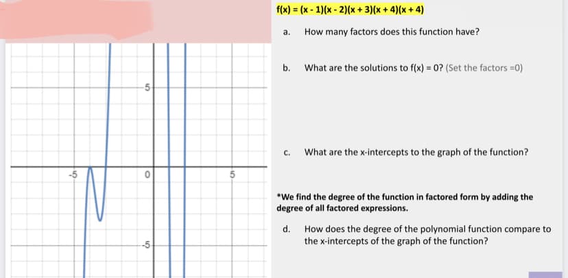 f(x) = (x - 1)(x - 2)(x + 3)(x + 4)(x + 4)
a.
How many factors does this function have?
b. What are the solutions to f(x) = 0? (Set the factors =0)
-5
c. What are the x-intercepts to the graph of the function?
-5
5
*We find the degree of the function in factored form by adding the
degree of all factored expressions.
d. How does the degree of the polynomial function compare to
the x-intercepts of the graph of the function?
-5-
