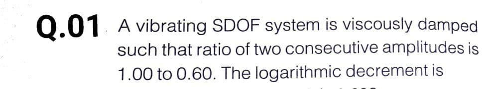 Q.01 A vibrating SDOF system is viscously damped
such that ratio of two consecutive amplitudes is
1.00 to 0.60. The logarithmic decrement is
