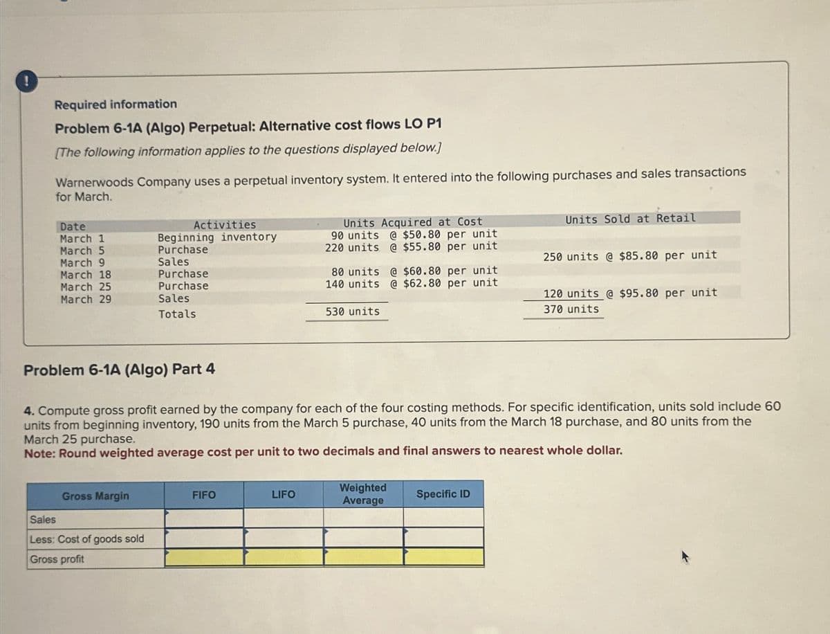 Required information
Problem 6-1A (Algo) Perpetual: Alternative cost flows LO P1
[The following information applies to the questions displayed below.]
Warnerwoods Company uses a perpetual inventory system. It entered into the following purchases and sales transactions
for March.
Date
March 1
March 5
March 9
March 18
March 25
March 29
Activities
Problem 6-1A (Algo) Part 4
Gross Margin
Beginning inventory
Purchase
Sales
Purchase
Purchase
Sales
Totals
Sales
Less: Cost of goods sold
Gross profit
FIFO
Units Acquired at Cost
90 units @ $50.80 per unit
220 units @ $55.80 per unit
LIFO
80 units @ $60.80 per unit
140 units @ $62.80 per unit
530 units.
4. Compute gross profit earned by the company for each of the four costing methods. For specific identification, units sold include 60
units from beginning inventory, 190 units from the March 5 purchase, 40 units from the March 18 purchase, and 80 units from the
March 25 purchase.
Note:Round weighted average cost per unit to two decimals and final answers to nearest whole dollar.
Weighted
Average
Units Sold at Retail
Specific ID
250 units @ $85.80 per unit
120 units @ $95.80 per unit
370 units