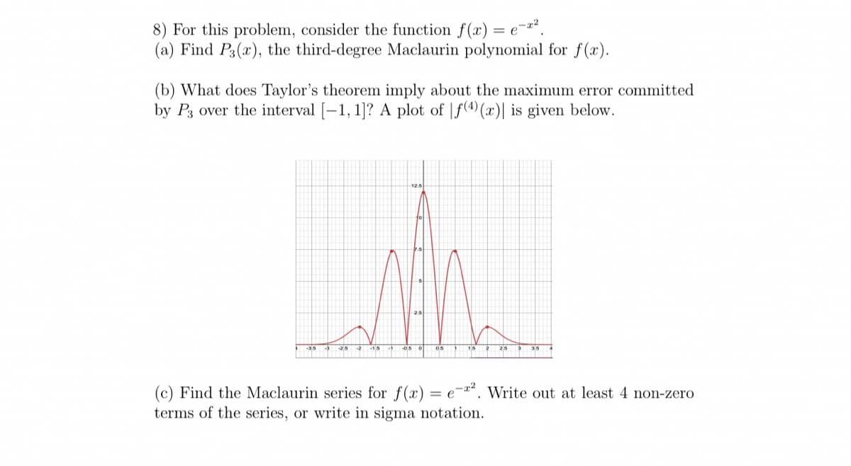 8) For this problem, consider the function f(x) = e¬².
(a) Find P3(x), the third-degree Maclaurin polynomial for f(x).
(b) What does Taylor's theorem imply about the maximum error committed
by P3 over the interval [-1, 1]? A plot of |f(4) (x)| is given below.
-15
(c) Find the Maclaurin series for f(x) = e-. Write out at least 4 non-zero
terms of the series, or write in sigma notation.
