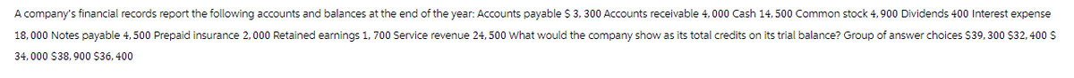 A company's financial records report the following accounts and balances at the end of the year: Accounts payable $ 3, 300 Accounts receivable 4,000 Cash 14,500 Common stock 4, 900 Dividends 400 Interest expense
18,000 Notes payable 4, 500 Prepaid insurance 2,000 Retained earnings 1, 700 Service revenue 24, 500 What would the company show as its total credits on its trial balance? Group of answer choices $39,300 $32, 400 S
34,000 $38,900 $36, 400