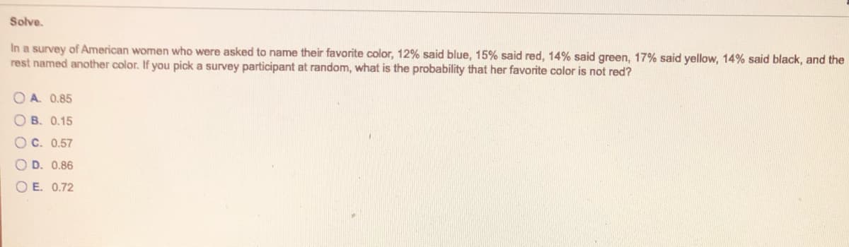 Solve.
In a survey of American women who were asked to name their favorite color, 12% said blue, 15% said red, 14% said green, 17% said yellow, 14% said black, and the
rest named another color. If you pick a survey participant at random, what is the probability that her favorite color is not red?
O A. 0.85
O B. 0.15
OC. 0.57
OD. 0.86
O E. 0.72
