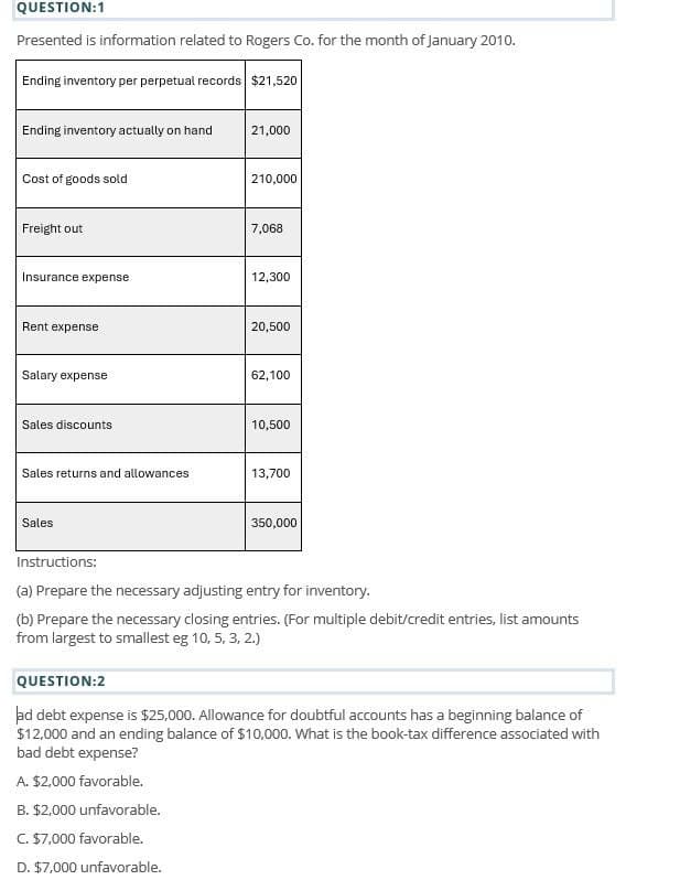 QUESTION:1
Presented is information related to Rogers Co. for the month of January 2010.
Ending inventory per perpetual records $21,520
Ending inventory actually on hand
21,000
Cost of goods sold
Freight out
210,000
7,068
Insurance expense
12,300
Rent expense
20,500
Salary expense
62,100
Sales discounts
10,500
Sales returns and allowances
13,700
Sales
350,000
Instructions:
(a) Prepare the necessary adjusting entry for inventory.
(b) Prepare the necessary closing entries. (For multiple debit/credit entries, list amounts
from largest to smallest eg 10, 5, 3, 2.)
QUESTION:2
ad debt expense is $25,000. Allowance for doubtful accounts has a beginning balance of
$12,000 and an ending balance of $10,000. What is the book-tax difference associated with
bad debt expense?
A. $2,000 favorable.
B. $2,000 unfavorable.
C. $7,000 favorable.
D. $7,000 unfavorable.