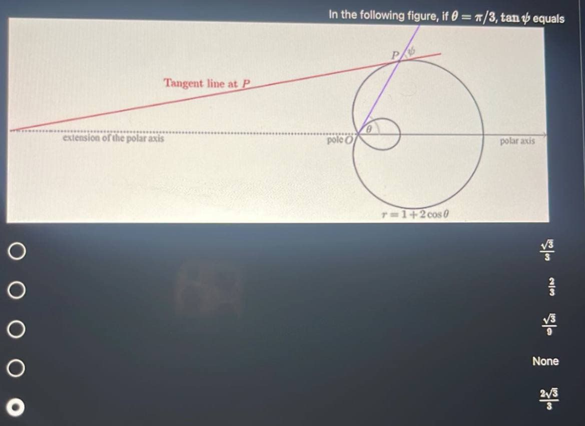 Tangent line at P
extension of the polar axis
In the following figure, if 0= 7/3, tan equals
pole O
P
T=1+2 cos 0
polar axis
√3
စာ
23
စစ
None
2√/3