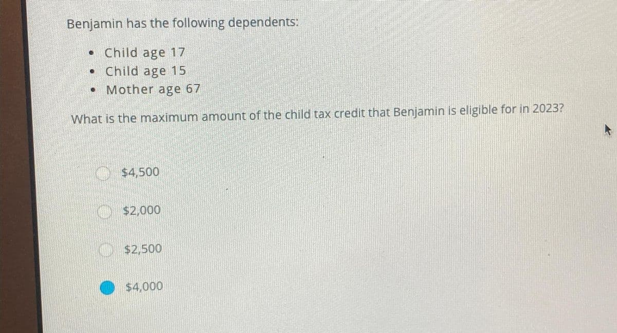 Benjamin has the following dependents:
• Child age 17
Child age 15
Mother age 67
What is the maximum amount of the child tax credit that Benjamin is eligible for in 2023?
$4,500
$2,000
$2,500
$4,000