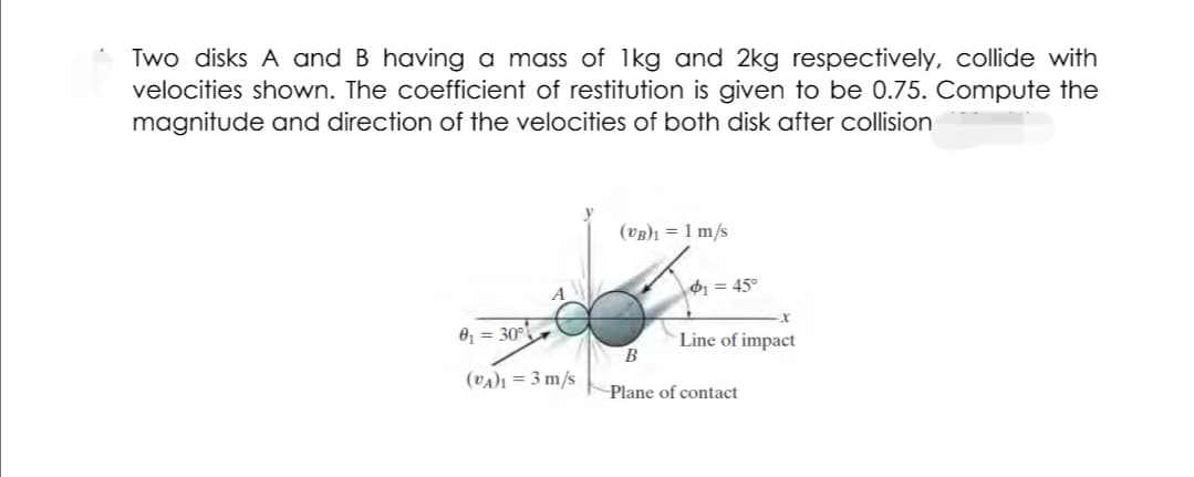 Two disks A and B having a mass of 1kg and 2kg respectively, collide with
velocities shown. The coefficient of restitution is given to be 0.75. Compute the
magnitude and direction of the velocities of both disk after collision
(VB)1 = 1 m/s
ø1 = 45°
0, = 30°
Line of impact
(VA)ı = 3 m/s
Plane of contact
