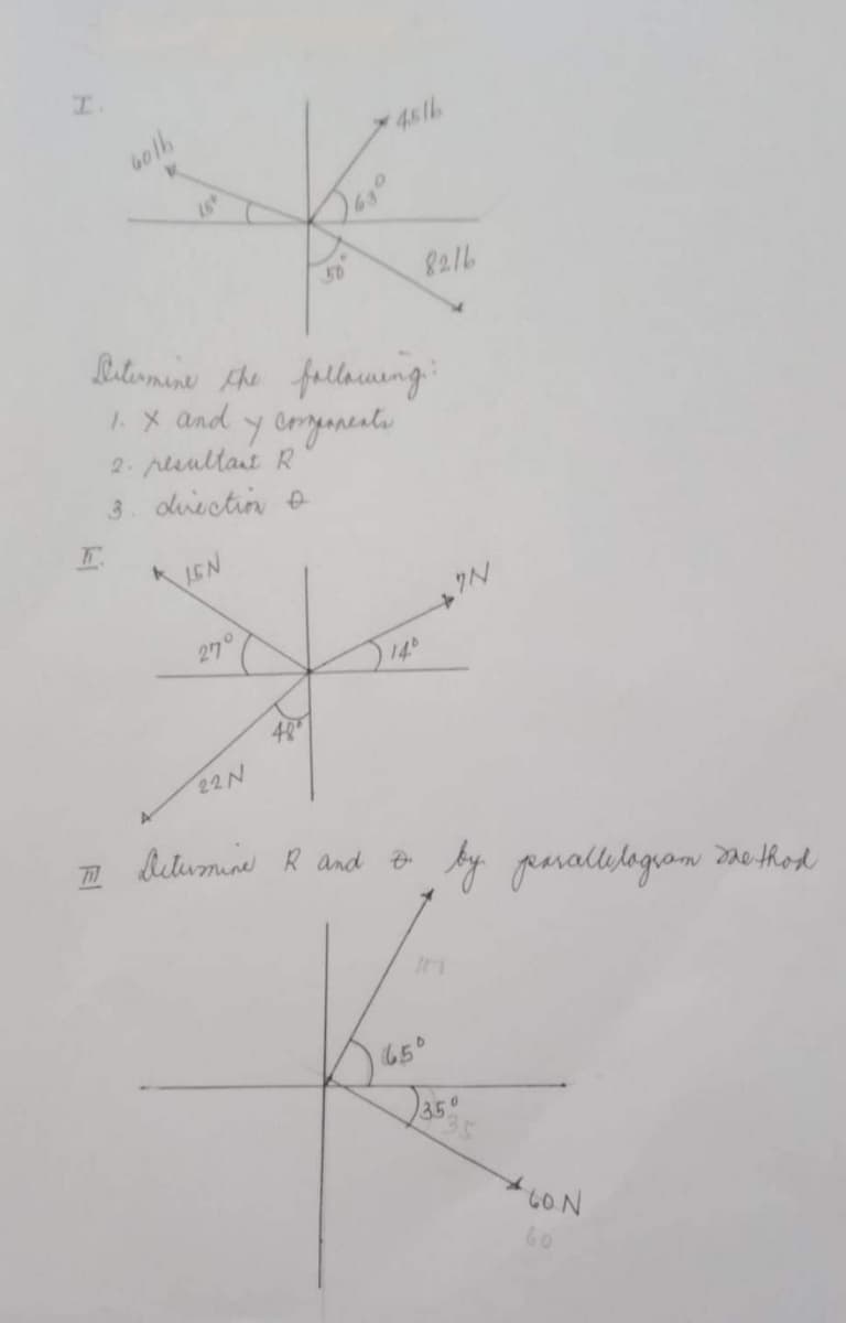 6016
T
Determine the following:
1. X
and
y components
2. resultant R
3. direction o
k
JEN
270
22N
50
48
8216
14°
Determine R and D. by parallelogram
65°
350
60.N
method