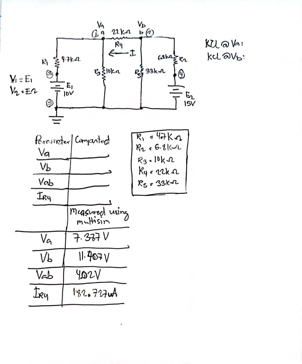 V₁=E₁
V₂ - En
Vb
Vab
IRY
Va
Vb
Vab
4.71-22
IRY
E₁
lov
V₂
G9 22kn
Peraineter / Computed
Va
R4
EI
% Jha
measured using
minhtisim
7.377 V
11.4071
4021
18267274A
V₂
b (12)
33k
6k2R₁
R₁ = 427 K ²₂2
R₂6.81-42
R3-10k
Ryc22k
Rs = 33K-2
Ег
ISV
Ku @ Va:
kd @V₂: