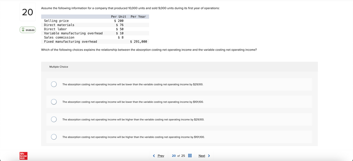20
01:05:03
Mc
Graw
Hill
Assume the following information for a company that produced 10,000 units and sold 9,000 units during its first year of operations:
Per Unit
$ 200
$ 76
$ 50
$ 10
$ 8
Multiple Choice
Per Year
Selling price
Direct materials
Direct labor
Variable manufacturing overhead
Sales commission
Fixed manufacturing overhead
Which of the following choices explains the relationship between the absorption costing net operating income and the variable costing net operating income?
$ 291,000
The absorption costing net operating income will be lower than the variable costing net operating income by $29,100.
The absorption costing net operating income will be lower than the variable costing net operating income by $101,100.
The absorption costing net operating income will be higher than the variable costing net operating income by $29,100.
The absorption costing net operating income will be higher than the variable costing net operating income by $101,100.
Prev
20 of 25
Next >
