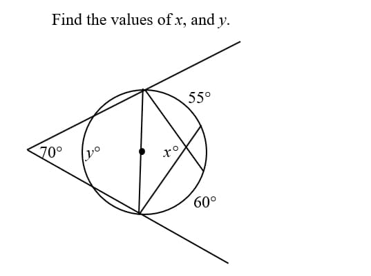 Find the values of x, and y.
55°
70°
60°
