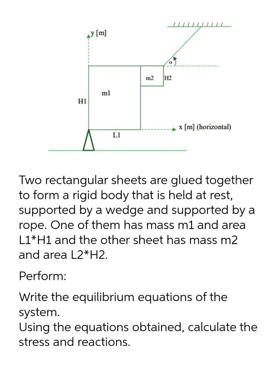 H1
y [m]
ml
L1
m2 H2
x [m] (horizontal)
Two rectangular sheets are glued together
to form a rigid body that is held at rest,
supported by a wedge and supported by a
rope. One of them has mass m1 and area
L1*H1 and the other sheet has mass m2
and area L2*H2.
Perform:
Write the equilibrium equations of the
system.
Using the equations obtained, calculate the
stress and reactions.