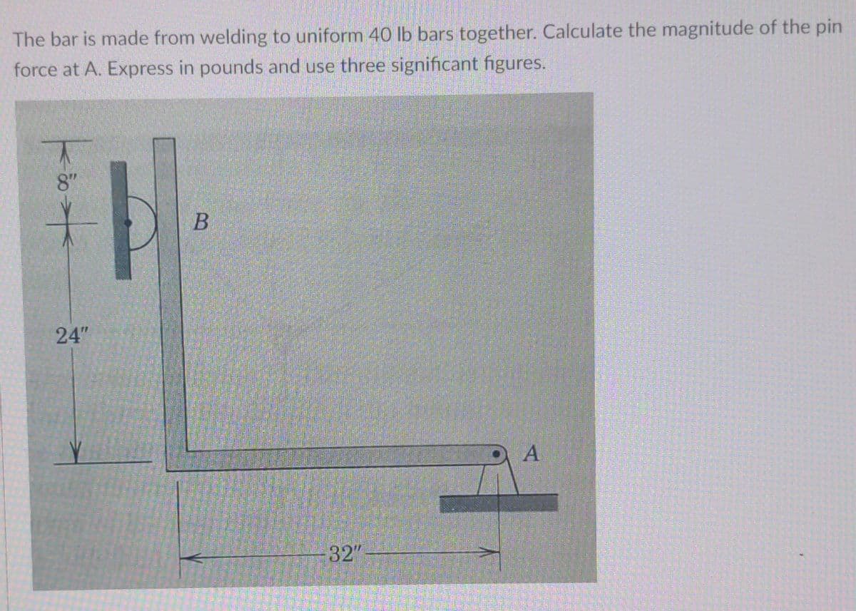 The bar is made from welding to uniform 40 lb bars together. Calculate the magnitude of the pin
force at A. Express in pounds and use three significant figures.
8"
24"
B
32"
A