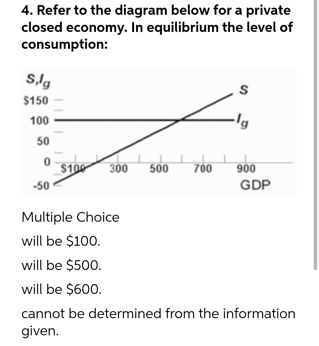 4. Refer to the diagram below for a private
closed economy. In equilibrium the level of
consumption:
S,lg
$150
100
50
-50
$100
300 500
Multiple Choice
will be $100.
will be $500.
will be $600.
700
S
900
GDP
cannot be determined from the information
given.