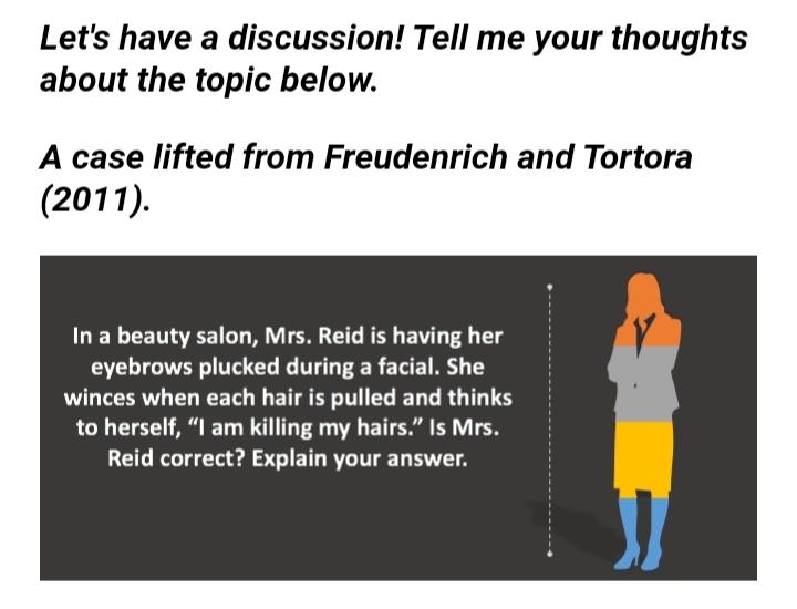 Let's have a discussion! Tell me your thoughts
about the topic below.
A case lifted from Freudenrich and Tortora
(2011).
In a beauty salon, Mrs. Reid is having her
eyebrows plucked during a facial. She
winces when each hair is pulled and thinks
to herself, "I am killing my hairs." Is Mrs.
Reid correct? Explain your answer.
