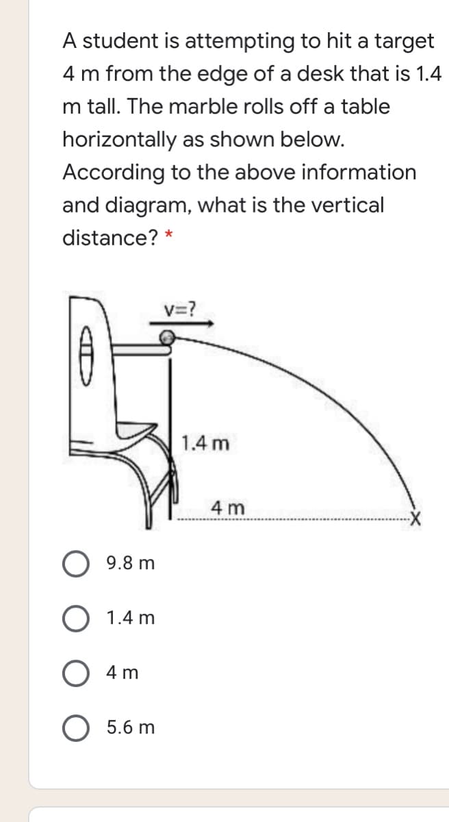 A student is attempting to hit a target
4 m from the edge of a desk that is 1.4
m tall. The marble rolls off a table
horizontally as shown below.
According to the above information
and diagram, what is the vertical
distance? *
v=?
1.4 m
4 m
O 9.8 m
O 1.4 m
O 4 m
5.6 m
