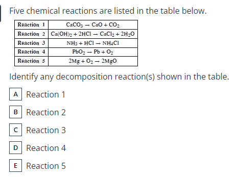 Five chemical reactions are listed in the table below.
Reaction 1
CaCO3 - Cao + CO2
Reaction 2 Ca(OH)2 + 2HCI – CaCl, + 2H20
Reaction 3
NH3 + HCI - NHẠC.
Reaction 4
РЬО — РЬ + О
PbO2
Reaction 5
2Mg + O2 - 2Mgo
Identify any decomposition reaction(s) shown in the table.
A Reaction 1
B Reaction 2
C Reaction 3
D Reaction 4
E Reaction 5
