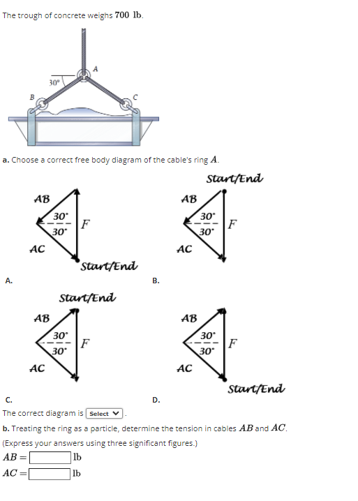 The trough of concrete weighs 700 lb.
30°
a. Choose a correct free body diagram of the cable's ring A.
Start/End
AB
AB
30
30
30
30
AC
AC
start/End
А.
В.
start/End
AB
AB
30
F
30
30
F
30
AC
AC
Start/End
C.
D.
The correct diagram is Select
b. Treating the ring as a particle, determine the tension in cables AB and AC.
(Express your answers using three significant figures.)
AB =
|lb
AC =
|lb
