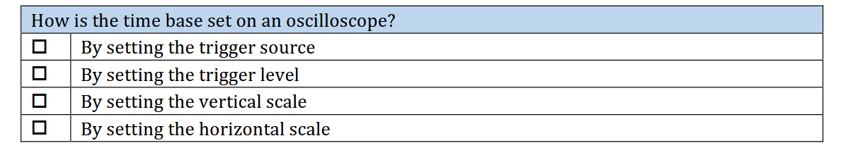 How is the time base set on an oscilloscope?
☐ ☐ ☐ ☐
By setting the trigger source
By setting the trigger level
By setting the vertical scale
By setting the horizontal scale