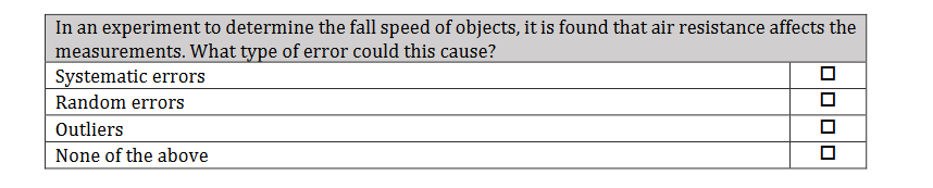 In an experiment to determine the fall speed of objects, it is found that air resistance affects the
measurements. What type of error could this cause?
Systematic errors
Random errors
Outliers
None of the above
☐ ☐ ☐ ☐