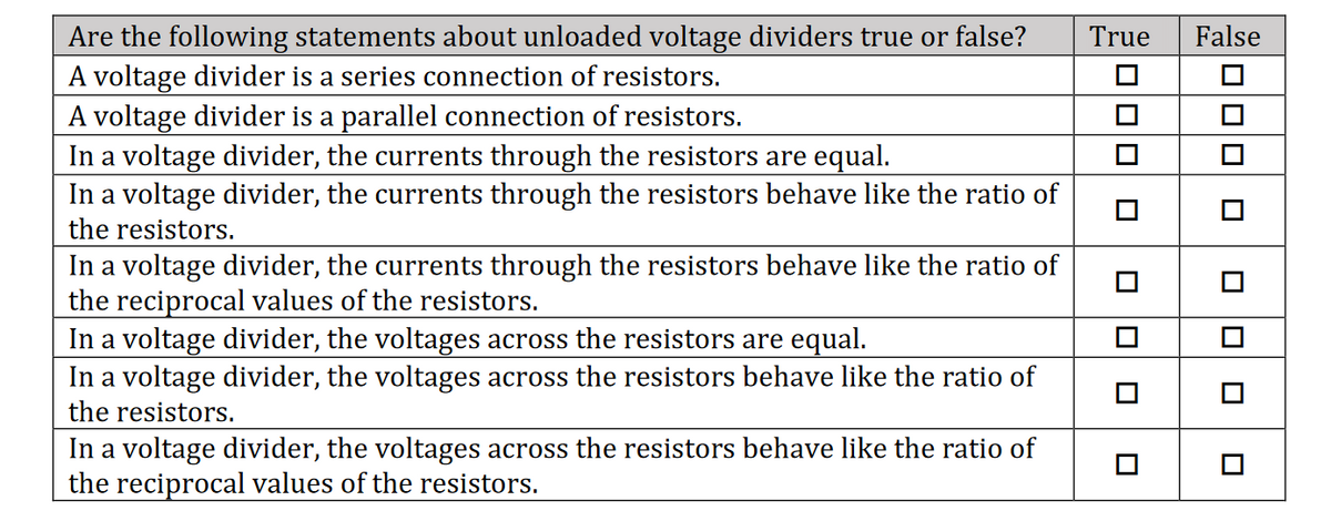 True
False
0000000
☐ ☐ ☐ ☐
☐ ☐ ☐
Are the following statements about unloaded voltage dividers true or false?
A voltage divider is a series connection of resistors.
A voltage divider is a parallel connection of resistors.
In a voltage divider, the currents through the resistors are equal.
In a voltage divider, the currents through the resistors behave like the ratio of
the resistors.
In a voltage divider, the currents through the resistors behave like the ratio of
the reciprocal values of the resistors.
In a voltage divider, the voltages across the resistors are equal.
In a voltage divider, the voltages across the resistors behave like the ratio of
the resistors.
In a voltage divider, the voltages across the resistors behave like the ratio of
the reciprocal values of the resistors.
П
☐