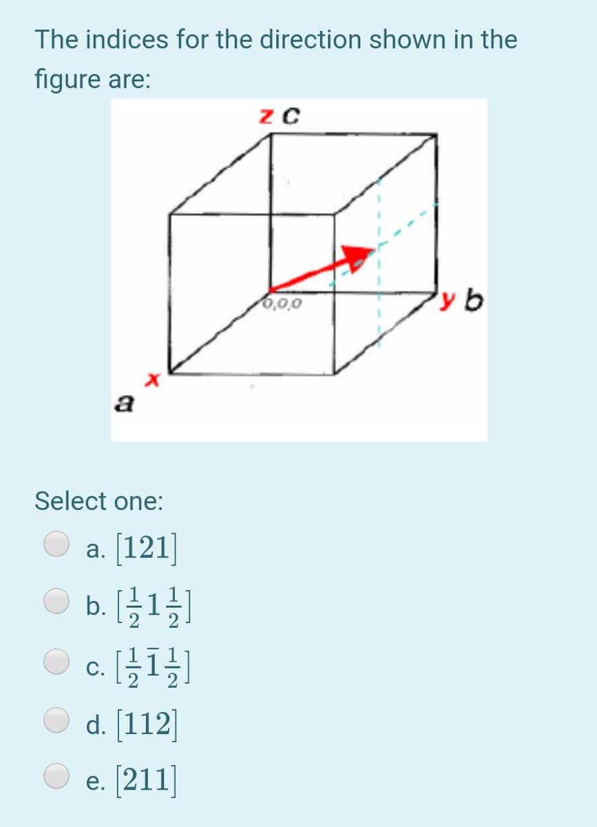 The indices for the direction shown in the
figure are:
y b
0,0,0
a
Select one:
a. [121]
b. [글1]
С.
d. [112]
e. [211]
