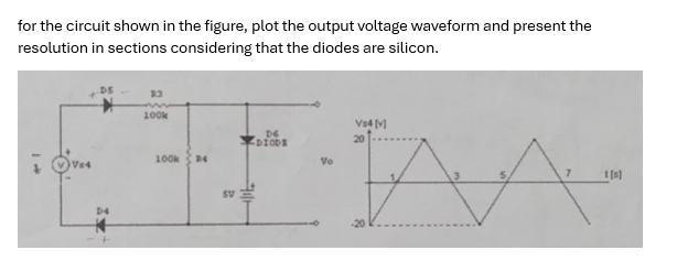 for the circuit shown in the figure, plot the output voltage waveform and present the
resolution in sections considering that the diodes are silicon.
D4
23
100k
D6
100k
24
DIODE
SV
Vs4 [v]
20
Vo
-20