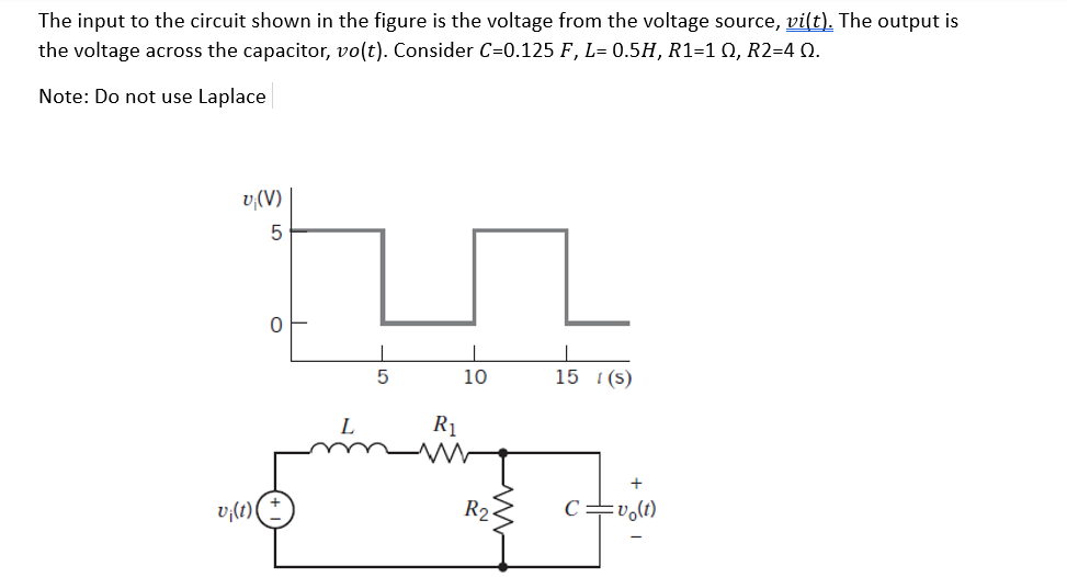 The input to the circuit shown in the figure is the voltage from the voltage source, vi(t). The output is
the voltage across the capacitor, vo(t). Consider C=0.125 F, L= 0.5H, R1=1 Q, R2=4 Q.
Note: Do not use Laplace
v;(V)
5
vi(t) (
0
I
5
R₁
10
R₂.
15 (5)
C=vo(t)