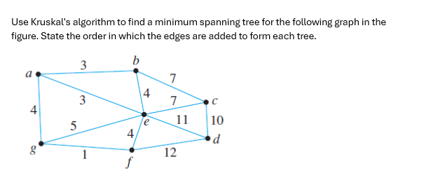 Use Kruskal's algorithm to find a minimum spanning tree for the following graph in the
figure. State the order in which the edges are added to form each tree.
b
3
a
00
g
5
3
1
4
4
e
7
7
11
12
10
d