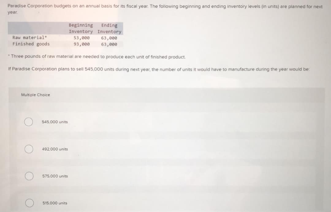 Paradise Corporation budgets on an annual basis for its fiscal year. The following beginning and ending inventory levels (in units) are planned for next
year.
Beginning
Inventory Inventory
Ending
Raw material*
53,000
63,000
63,000
Finished goods
93,000
* Three pounds of raw material are needed to produce each unit of finished product.
If Paradise Corporation plans to sell 545,000 units during next year, the number of units it would have to manufacture during the year would be:
Multiple Choice
545,000 units
492,000 units
575,000 units
515,000 units
