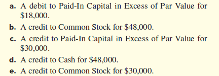 a. A debit to Paid-In Capital in Excess of Par Value for
$18,000.
b. A credit to Common Stock for $48,000.
c. A credit to Paid-In Capital in Excess of Par Value for
$30,000.
d. A credit to Cash for $48,000.
e. A credit to Common Stock for $30,000.
