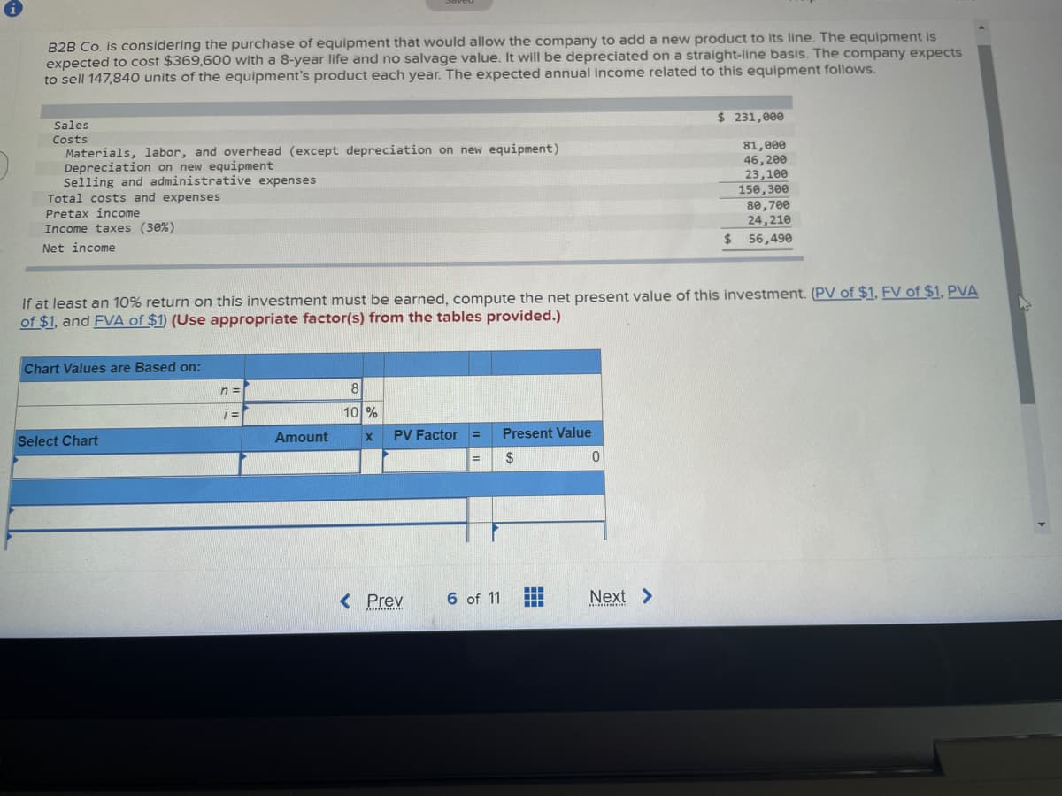 B2B Co. is considering the purchase of equipment that would allow the company to add a new product to its line. The equipment is
expected to cost $369,600 with a 8-year life and no salvage value. It will be depreciated on a straight-line basis. The company expects
to sell 147,840 units of the equipment's product each year. The expected annual income related to this equipment follows.
Sales
Costs
Materials, labor, and overhead (except depreciation on new equipment)
Depreciation on new equipment
Selling and administrative expenses
Total costs and expenses
Pretax income
Income taxes (30%)
Net income
If at least an 10% return on this investment must be earned, compute the net present value of this investment. (PV of $1, FV of $1, PVA
of $1, and FVA of $1) (Use appropriate factor(s) from the tables provided.)
Chart Values are Based on:
Select Chart
n=
j=
Amount
8
10 %
X PV Factor =
< Prev
6 of 11
Present Value
$
‒‒‒
I
0
$ 231,000
81,000
46,200
23,100
150,300
80,700
24,210
$ 56,490
Next >