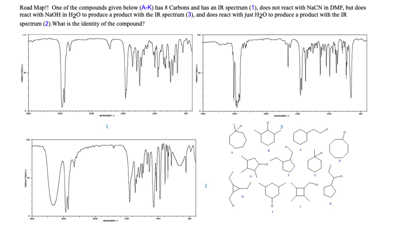 Road Map!! One of the compounds given below (A-K) has 8 Carbons and has an IR spectrum (1), does not react with NaCN in DMF, but does
react with NaOH in H₂O to produce a product with the IR spectrum (3), and does react with just H₂O to produce a product with the IR
spectrum (2). What is the identity of the compound?
WWW
.
4
1
MODU
190
MM
1100