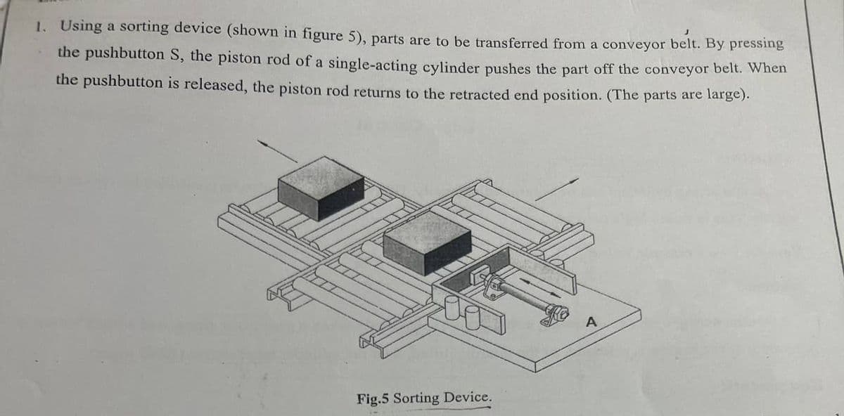 1. Using a sorting device (shown in figure 5), parts are to be transferred from a conveyor belt. By pressinB
the pushbutton S, the piston rod of a single-acting cylinder pushes the part off the conveyor belt. Whên
the pushbutton is released, the piston rod returns to the retracted end position. (The parts are large).
A
Fig.5 Sorting Device.
