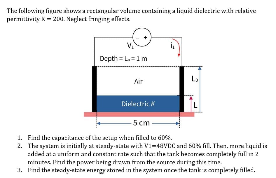 The following figure shows a rectangular volume containing a liquid dielectric with relative
permittivity K = 200. Neglect fringing effects.
+
V₁
Depth = Lo = 1 m
Air
Dielectric K
Lo
L
5 cm
1. Find the capacitance of the setup when filled to 60%.
2. The system is initially at steady-state with V1=48VDC and 60% fill. Then, more liquid is
added at a uniform and constant rate such that the tank becomes completely full in 2
minutes. Find the power being drawn from the source during this time.
3. Find the steady-state energy stored in the system once the tank is completely filled.