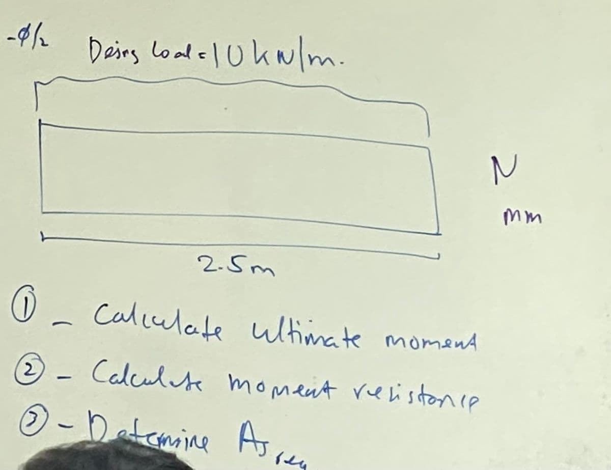 -8/2
Deing loal = 10kw/m.
2.5m
N
0_ Calculate ultimate moment
2 - Calculate moment resistance
0 - Determine As rea
mm